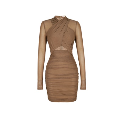 XULU原创氨纶弹力网纱气质知性性感镂空高腰褶皱包臀长袖连衣裙