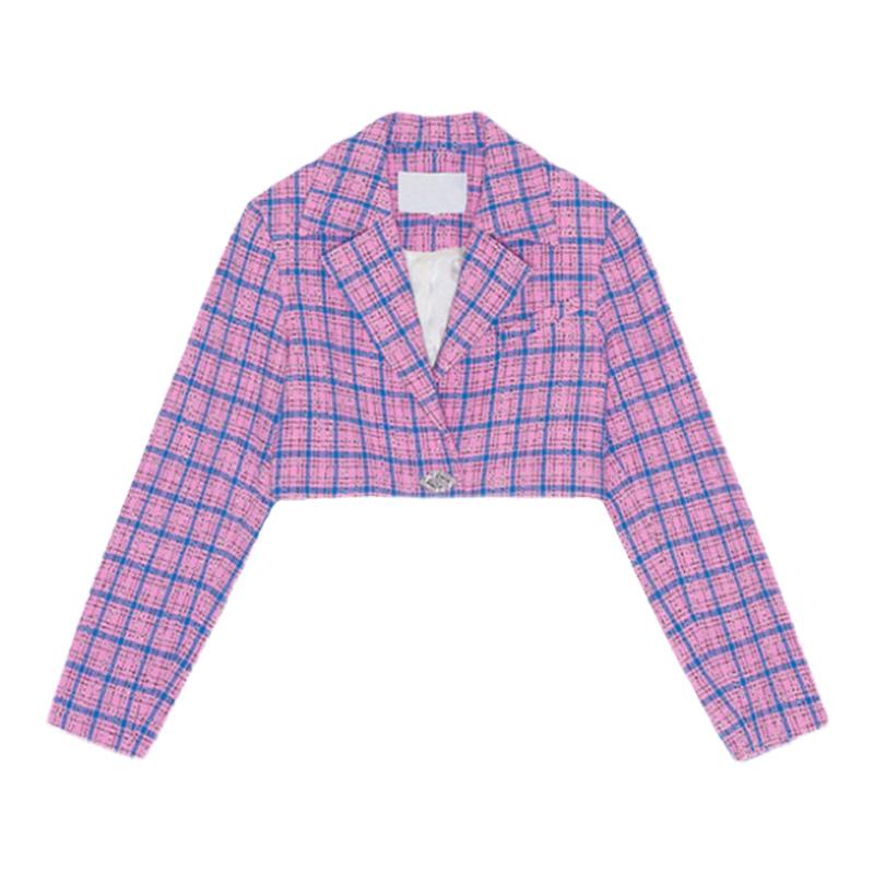 紫色格纹西装外套短款格子西服秋