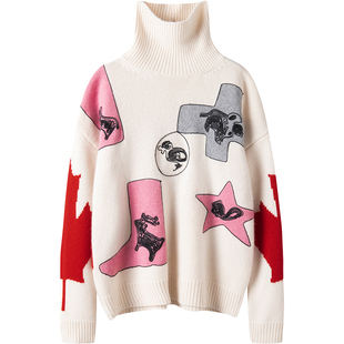 逆天篙质感！秋冬分量感 卡通撞色拼接保暖高领羊绒长袖针织毛衣
