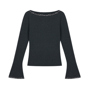 pusumede率性少女 气质船领长袖针织衫女亮片拼接修身打底T恤上衣