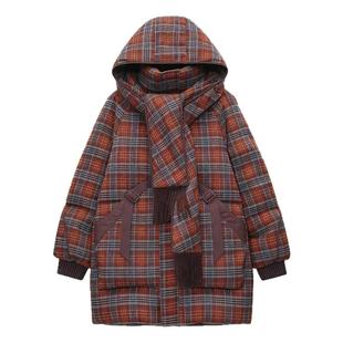 韩系气质围巾领格纹羽绒棉服女冬季保暖外套妈妈装显瘦超好看棉衣