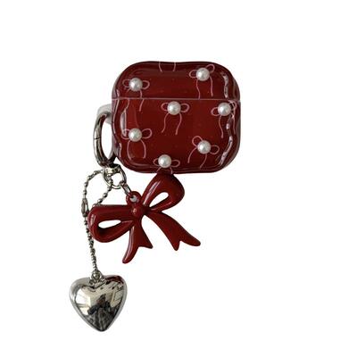 韩风酒红珍珠蝴蝶结适用苹果耳机保护套airpods4无线蓝牙耳机壳四代airpodpro2二代ipod耳机盒airpods3保护壳