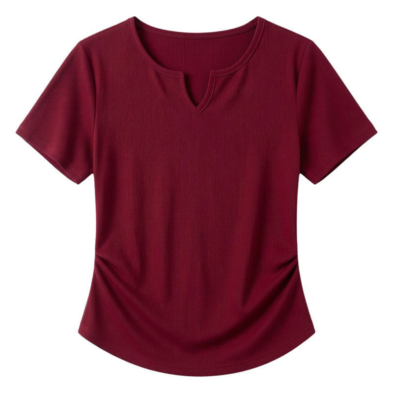 现代舞练功服女V领短袖上衣酒红色形体训练收腰褶皱T恤夏季服装女