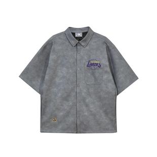 t区绫致杰克琼斯秋冬NBA联名湖人队宽松流短袖尖领衬衫男