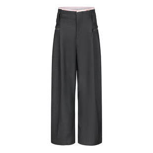 SHALL NOT UNTRUE 拼接收褶阔腿西装裤女垂感宽松显瘦拖地休闲裤