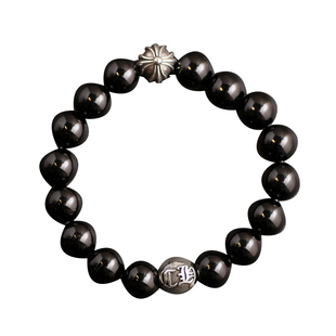 一休老银匠925纯银2银珠字母珠10mm黑曜石手链潮流男女款情侣手环