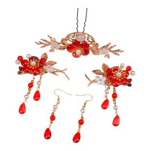 古风红色步摇套装头饰明制汉服古装发夹复古发冠配饰百搭仙气十足