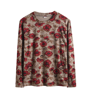 妈妈新款秋季长袖T恤女中老年人春秋弹力大码碎花加厚打底衫上衣