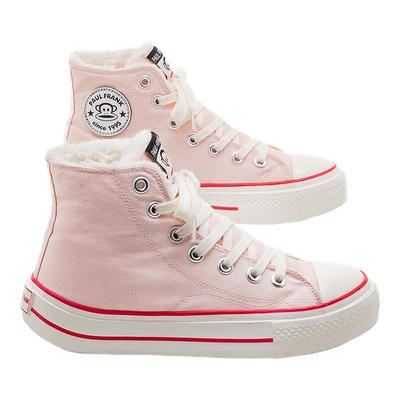 大嘴猴粉色高帮加绒厚底帆布鞋女