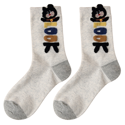 字母小猫袜子女纯棉中筒袜秋冬季