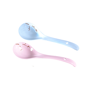 顺祥陶瓷勺 家用大汤勺 饭勺盛汤瓢 9英寸长把柄 粉蓝色瓷器餐具