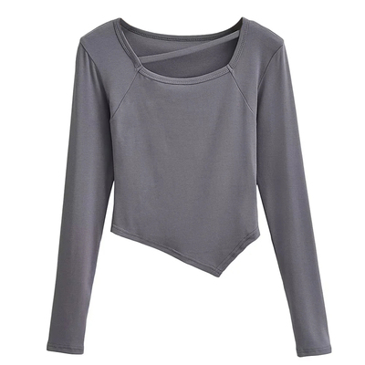 欧美风不规则修身弹力长袖女T恤