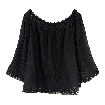 法式复古蕾丝边一字肩上衣