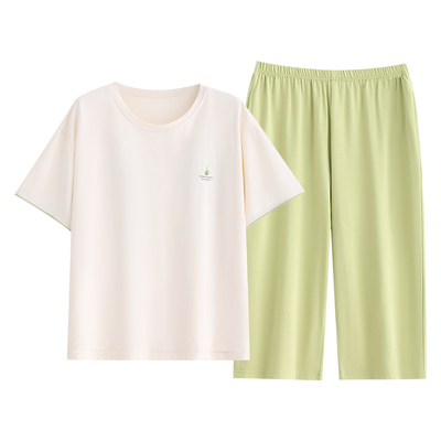 带胸垫睡衣女夏季短袖七分裤纯棉