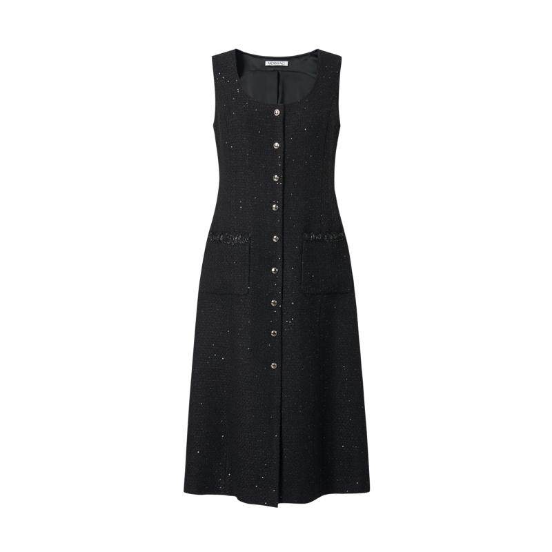 商场同款 摩萨克冬A摆开叉钻扣粗花呢丝绒拼接连衣裙女