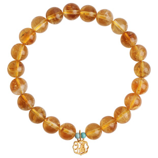 心斋堂【寻禅】正品天然黄水晶手串999足金福字吊牌配饰黄晶手链