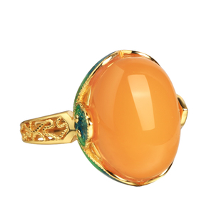 天然蜜蜡纯银开口戒指女 金镶玉珐琅中式国风玉石18k包金食指戒指