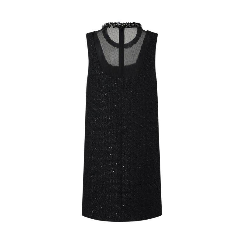 商场同款 摩萨克秋粗花呢小香风修身领口拼接钉珠黑连衣裙女