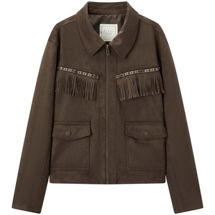 爱居兔仿麂皮复古翻领夹克短外套女2025年秋季新款显瘦流苏上衣