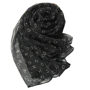 黑色字母韩版真丝桑蚕丝长丝巾女春秋季薄款印花百搭围巾护颈披肩