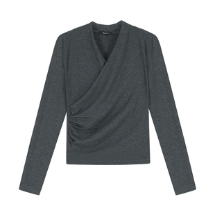 Maven Lin 高知淡人 气质V领长袖T恤女设计感缩褶修身针织衫上衣