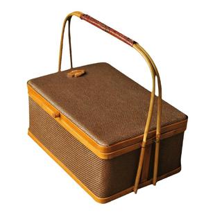 手工竹编藤编提篮中式食盒茶点盘茶具手提点心篮子竹篮收纳筐双层