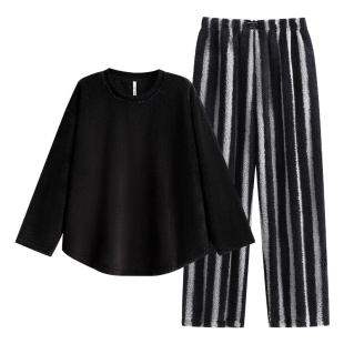 悦内睡衣男士秋冬款冬季珊瑚绒加绒加厚法兰绒毛绒圆领套头家居服