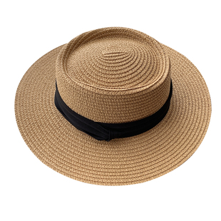 法式赫本风平顶草帽女夏季平檐防紫外线海边度假遮阳防晒太阳帽子