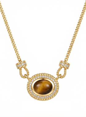 原创纯银虎眼石法式复古锁骨链