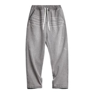 马登工装美式复古水洗做旧格雷系灰牛仔裤破洞猫须伐木直筒裤男春