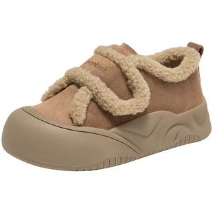 大东女鞋勃肯鞋毛毛鞋2025冬季新款平底中跟厚底魔术贴圆头单鞋子