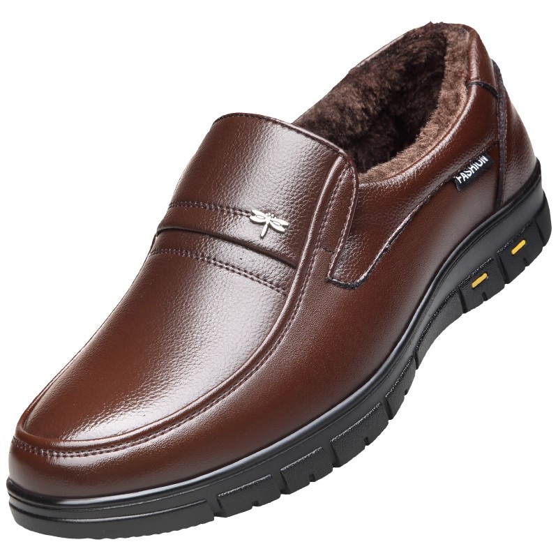 蜻蜓牌冬季加绒保暖棉鞋男真皮中年休闲老人皮鞋防滑中老年爸爸鞋