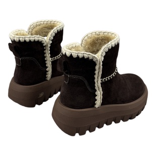 乐魔欧洲站欧货真皮女2025冬季新款厚底松糕底加绒羊毛雪地靴短靴