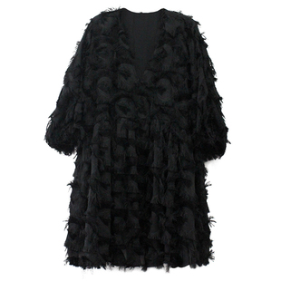 白色A字娃娃裙羽毛雪纺连衣裙女超仙韩版2025春秋年会礼服沙滩裙