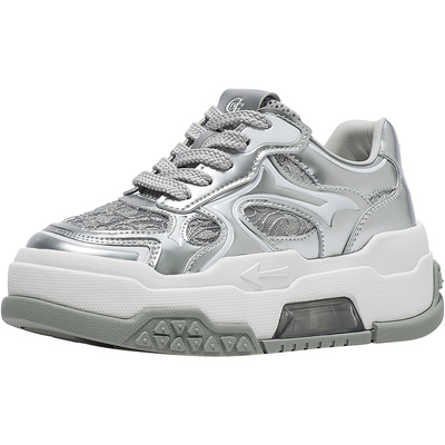 CDF女鞋轻奢时尚秋季银色老爹鞋网面透气增高厚底运动休闲鞋