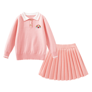 小猪佩奇女童毛衣裙套装2026新款纯棉polo领上衣针织打底衫百褶裙
