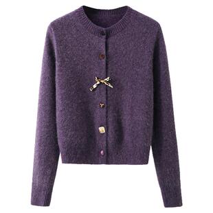 夕蒙2025新款冬季韩系气质小个子小众独特漂亮紫色短款毛衣开衫女
