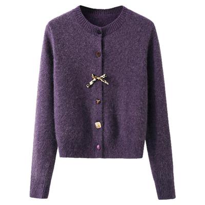 夕蒙2025新款冬季韩系气质小个子小众独特漂亮紫色短款毛衣开衫女
