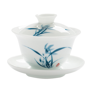 手绘三才盖碗茶杯大号白瓷单个青花瓷功夫泡喝敬沏陶瓷茶具中式