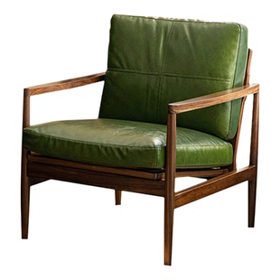 汉克椅 中古风复古真皮沙发椅休闲椅轻奢高级客厅实木主人扶手椅