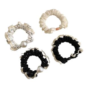 法式黑白波点花边大肠发圈女发绳少女百搭珍珠头绳扎发皮筋发饰品