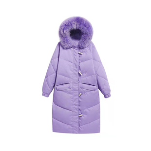 紫色白鸭绒中长款羽绒服女2021年新款冬装过膝爆款时尚洋气外套女