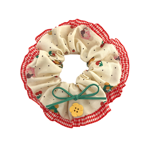 樱桃小熊！森系花朵纽扣蕾丝边大肠发圈手作发饰红色发绳头饰发饰