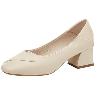 达芙妮爆款软面时尚女鞋2023年春季百搭粗跟浅口法式网红高跟单鞋