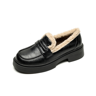 加绒乐福鞋女厚底粗跟圆头一脚蹬黑色小皮鞋羊羔绒保暖棉鞋英伦风