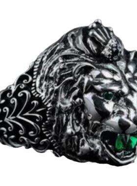 男纯银复古狮头徽章绿色锆石徽章