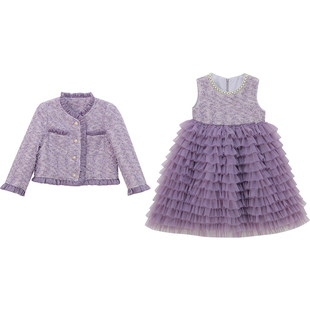 女童小香风套装裙冬装2025新款气质夹棉短款外套小女孩背心蛋糕裙