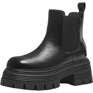 天美意复古厚底增高加绒切尔西烟筒靴女鞋冬新款瘦瘦靴时装靴短靴