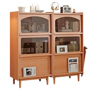 实木书柜沙发储物柜一体客厅定制柜子家用展示柜樱桃木色组合书橱