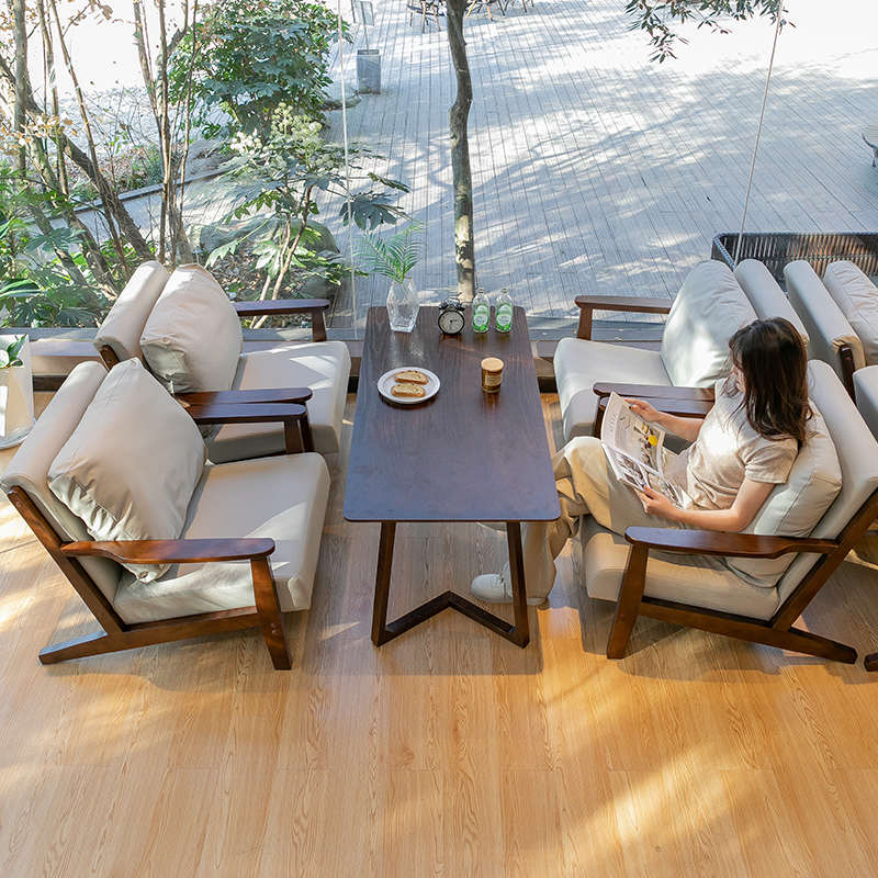 连锁奶茶店桌椅组合咖啡店馆休闲区实木沙发咖啡厅椅子阅读区卡座